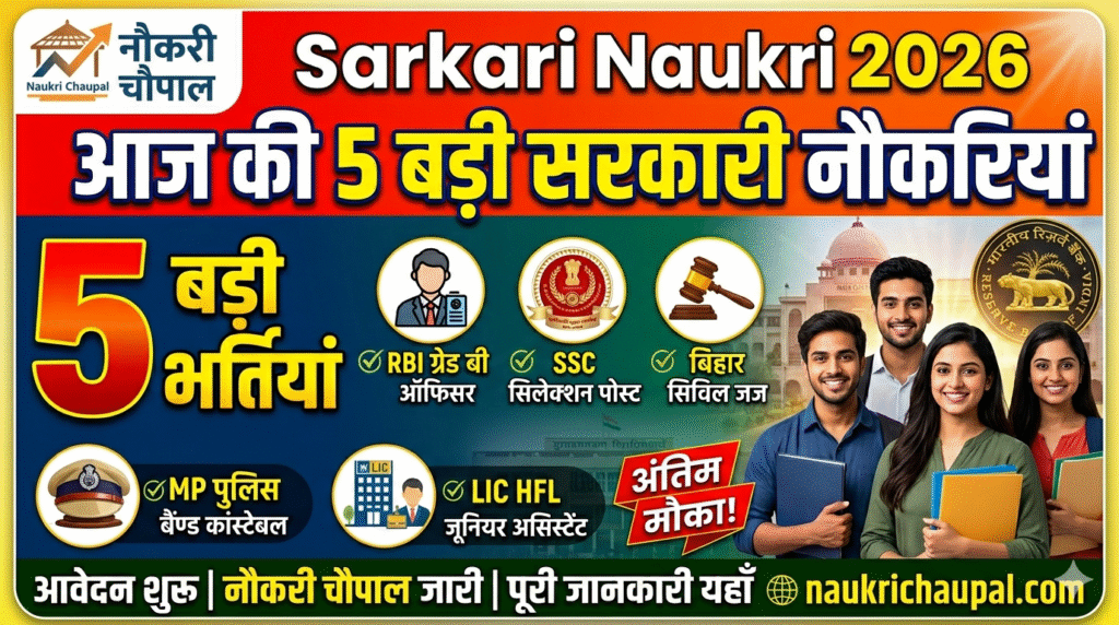 Today Latest govt job 2026 आज की 5 बड़ी सरकारी नौकरियां